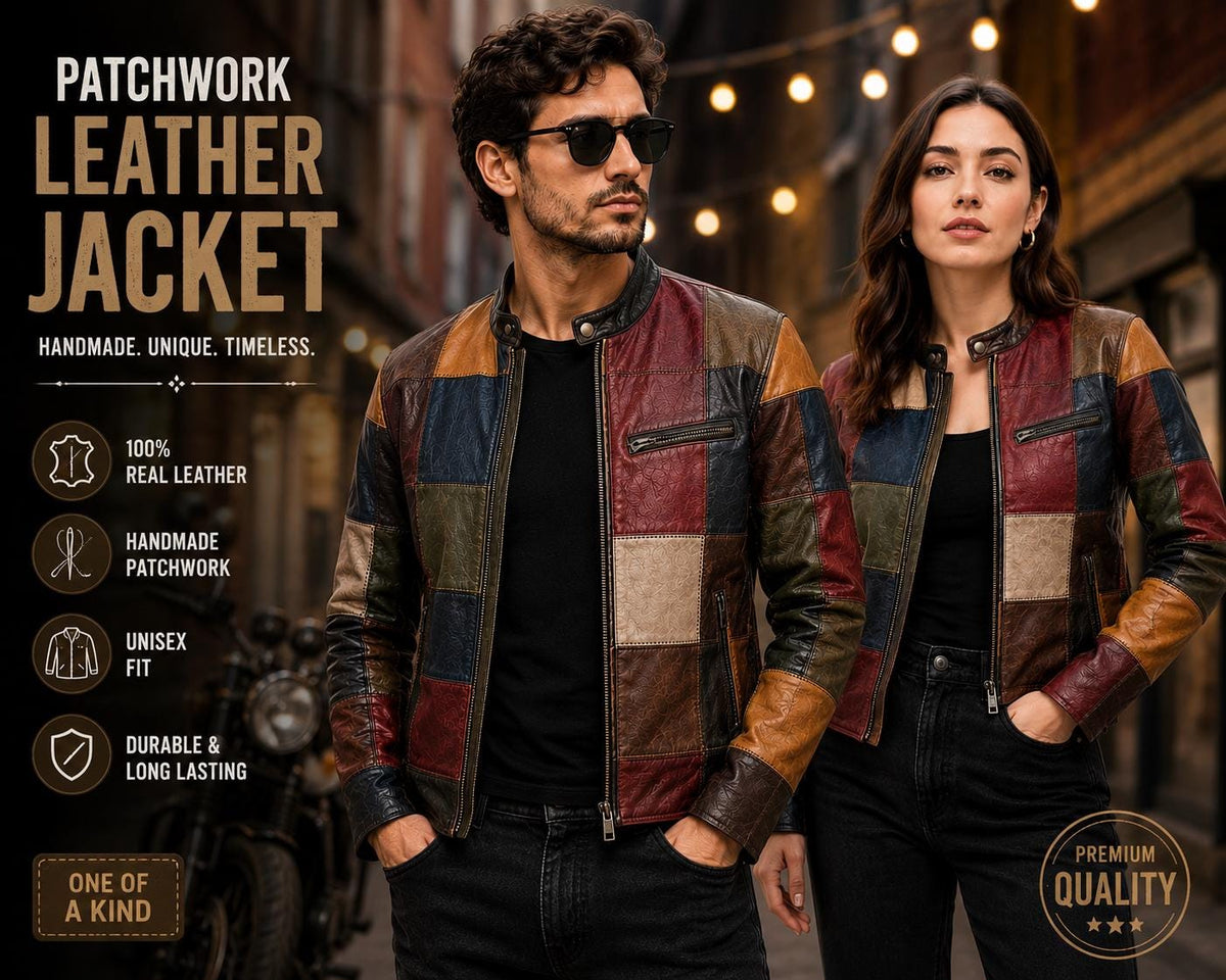 Patchwork Leather Jacket | Handmade Genuine Leather Color Block Jacket | Unisex Vintage Biker Coat | Custom Made Gift for Men & Women