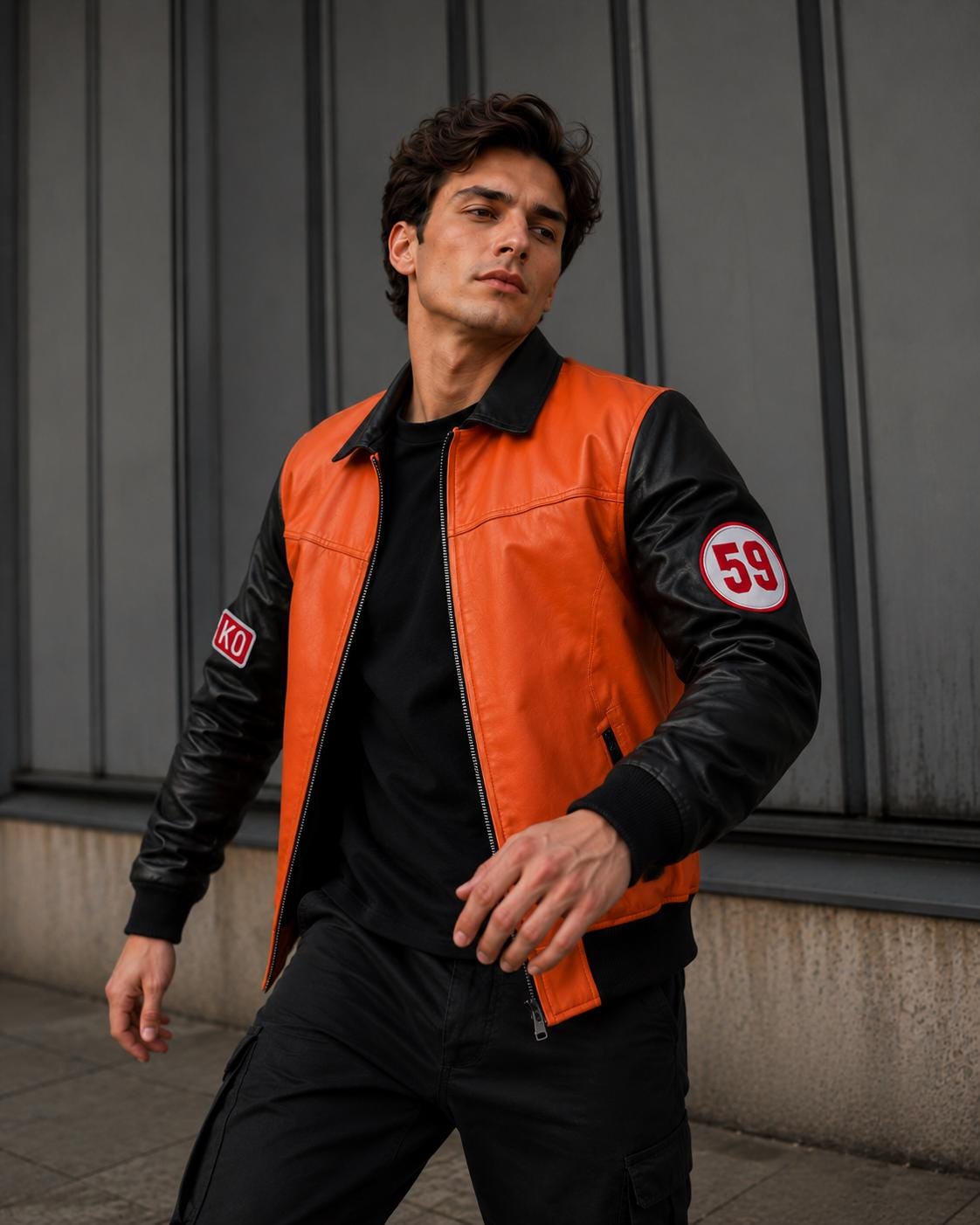 Orange Black Leather Racing Jacket, Unisex Biker Jacket, Varsity Style Leather Jacket, Men's & Women's Streetwear Coat