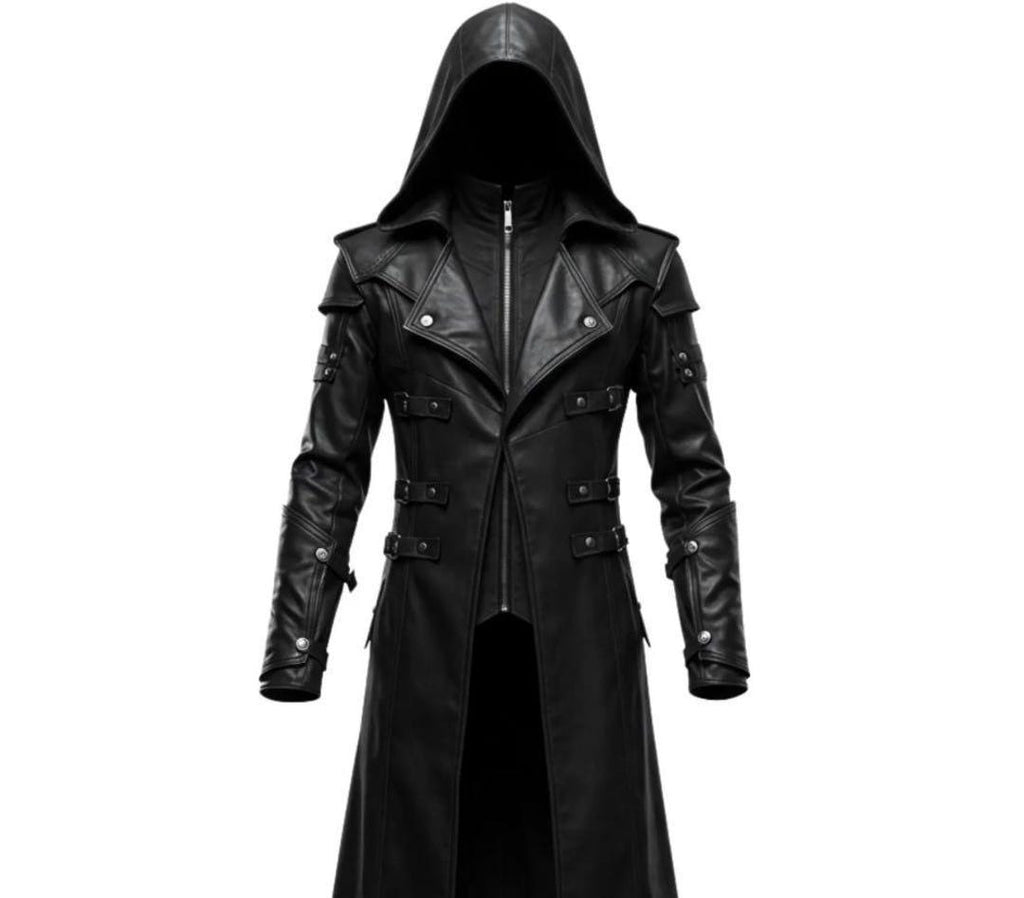 Black Hooded Leather Trench Coat Men Gothic Vampire Long Coat Halloween Cosplay Jacket Medieval Dark Fantasy Costume