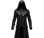 Black Hooded Leather Trench Coat Men Gothic Vampire Long Coat Halloween Cosplay Jacket Medieval Dark Fantasy Costume