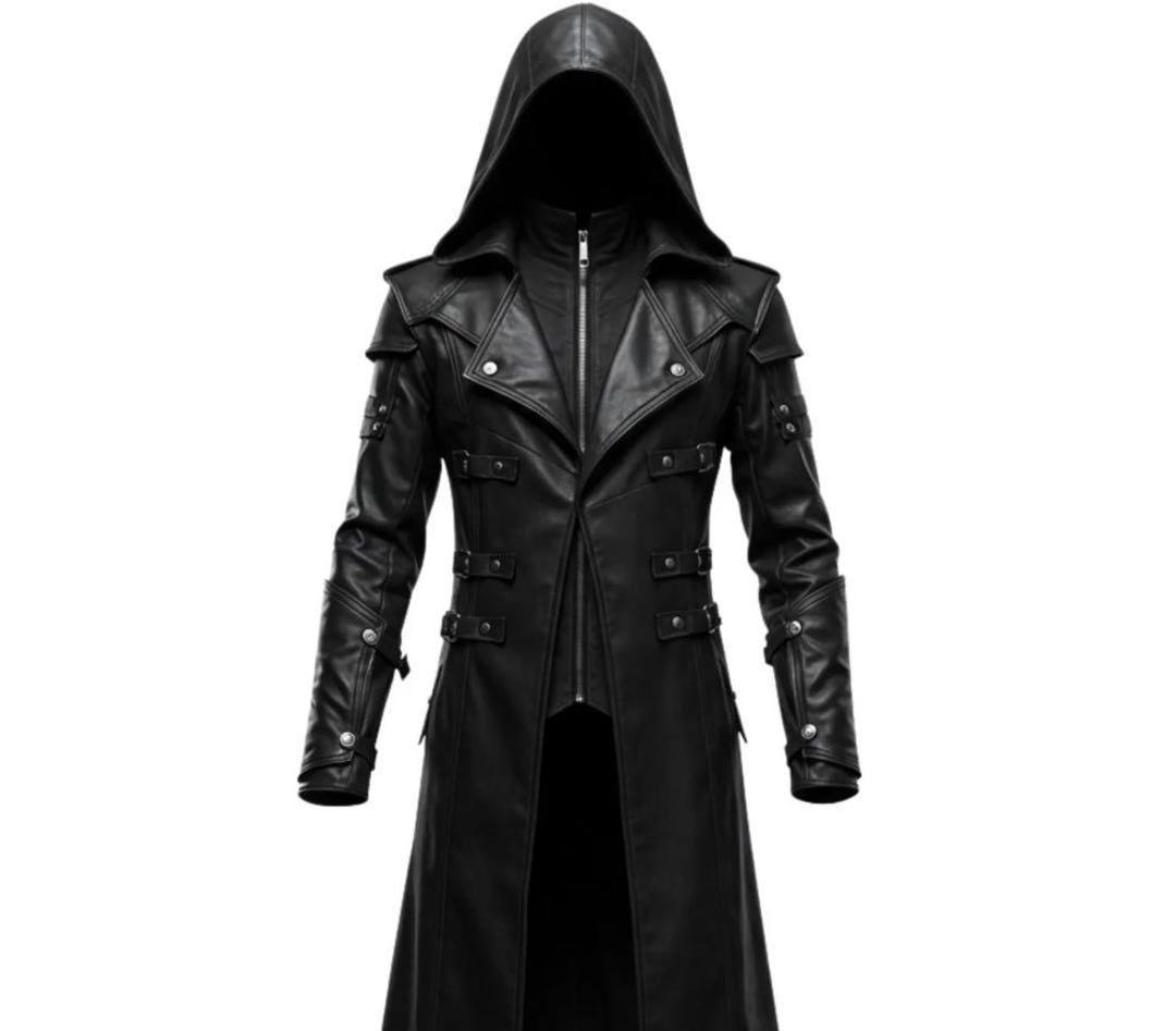 Black Hooded Leather Trench Coat Men Gothic Vampire Long Coat Halloween Cosplay Jacket Medieval Dark Fantasy Costume