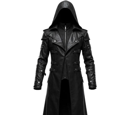 Black Hooded Leather Trench Coat Men Gothic Vampire Long Coat Halloween Cosplay Jacket Medieval Dark Fantasy Costume