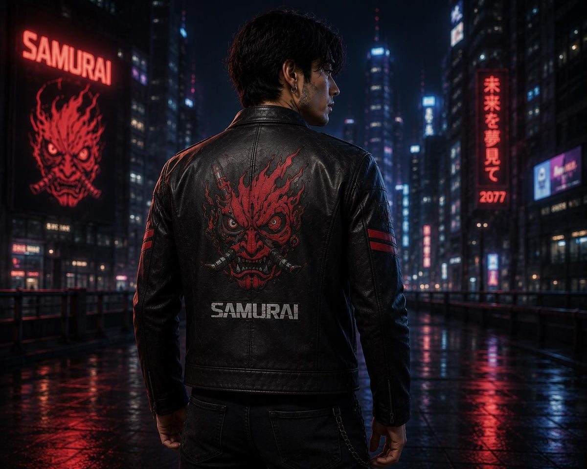 Cyberpunk Samurai Inspired Black Leather Jacket | Futuristic Biker Jacket | Gothic Streetwear Coat | Halloween Cosplay Leather Jacket