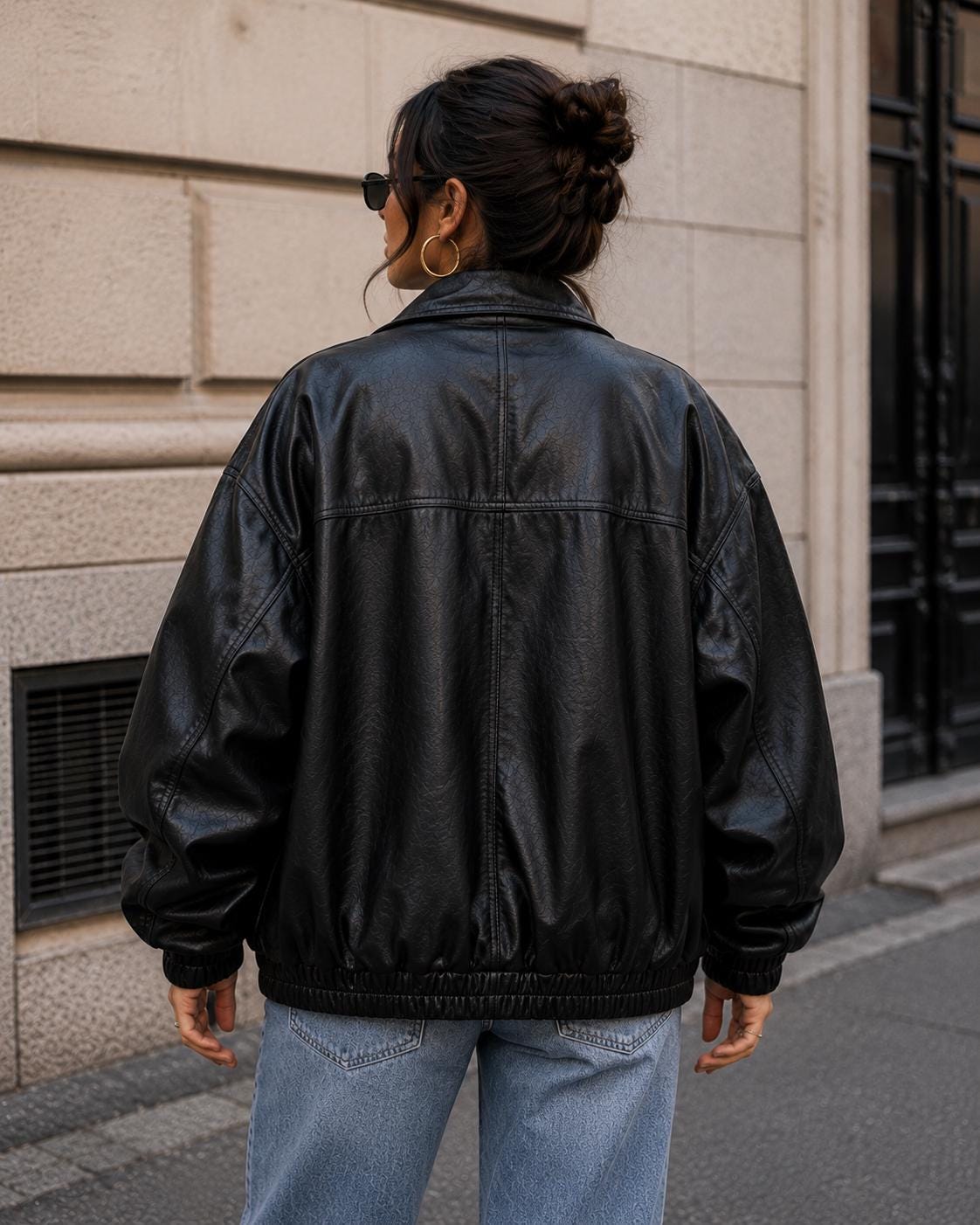 Oversized Leather Jacket for Women, 90s Black Bomber Jacket, Vintage Streetwear