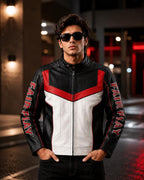 Fair Play Leather Jacket | Red Black White Racing Biker Jacket | Genuine Leather Moto Jacket | Unisex Motorcycle Jacket Gift