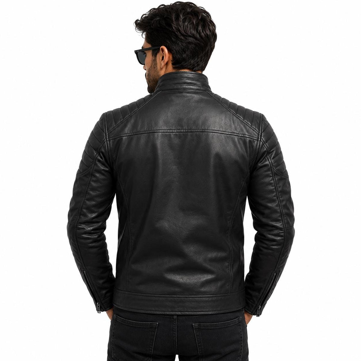Men's Black Leather Jacket, Classic Motorcycle Biker Jacket, Quilted Shoulder Leather Jacket, Slim Fit Men's Jacket, Handmade Gift