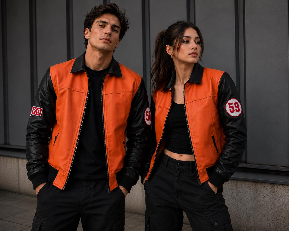 Orange Black Leather Racing Jacket, Unisex Biker Jacket, Varsity Style Leather Jacket, Men's & Women's Streetwear Coat