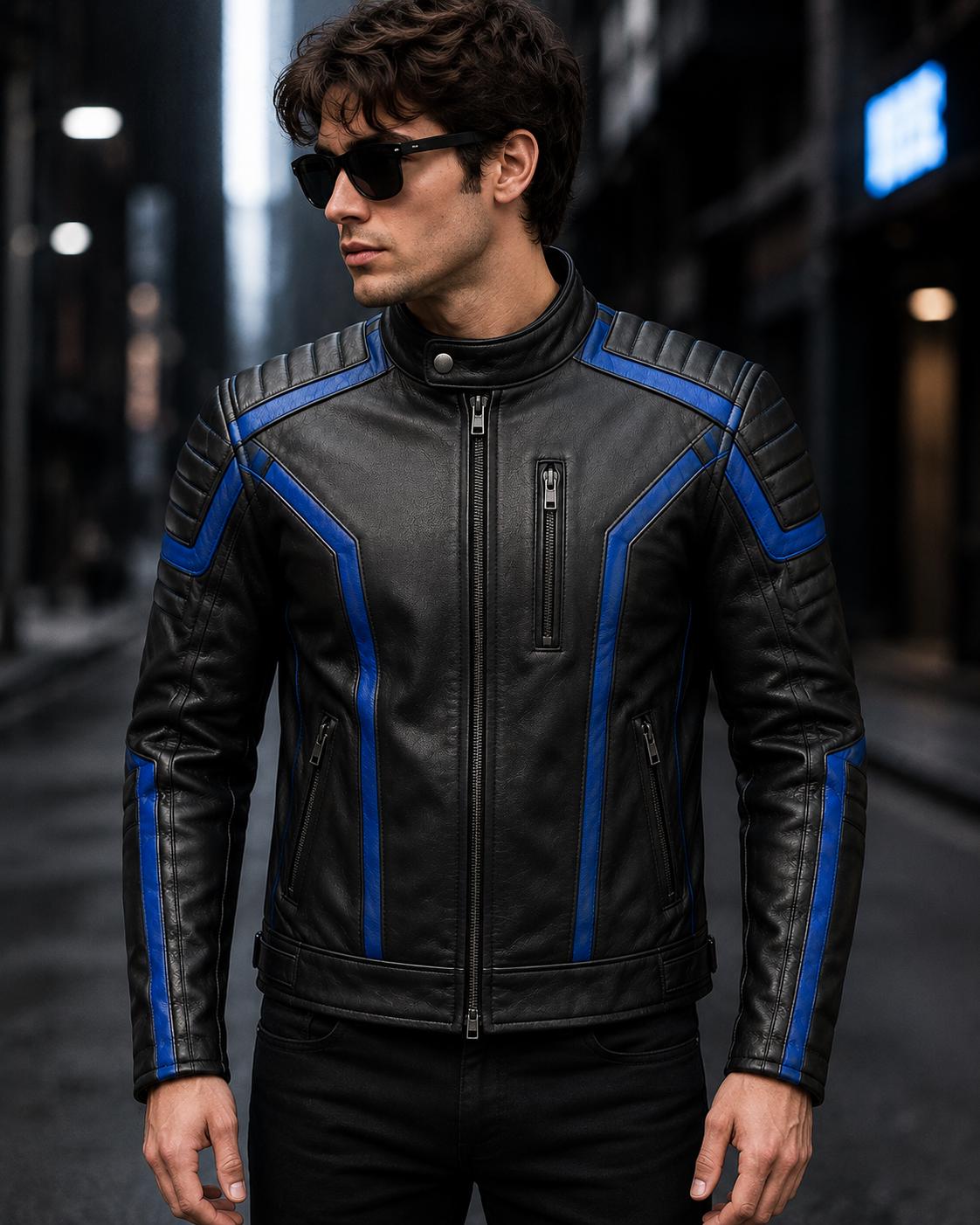 Cyberpunk Rider Leather Jacket, Black Blue Biker Jacket, Men's Genuine Leather Motorcycle Jacket, Futuristic Racing Jacket, Slim Fit Cafe