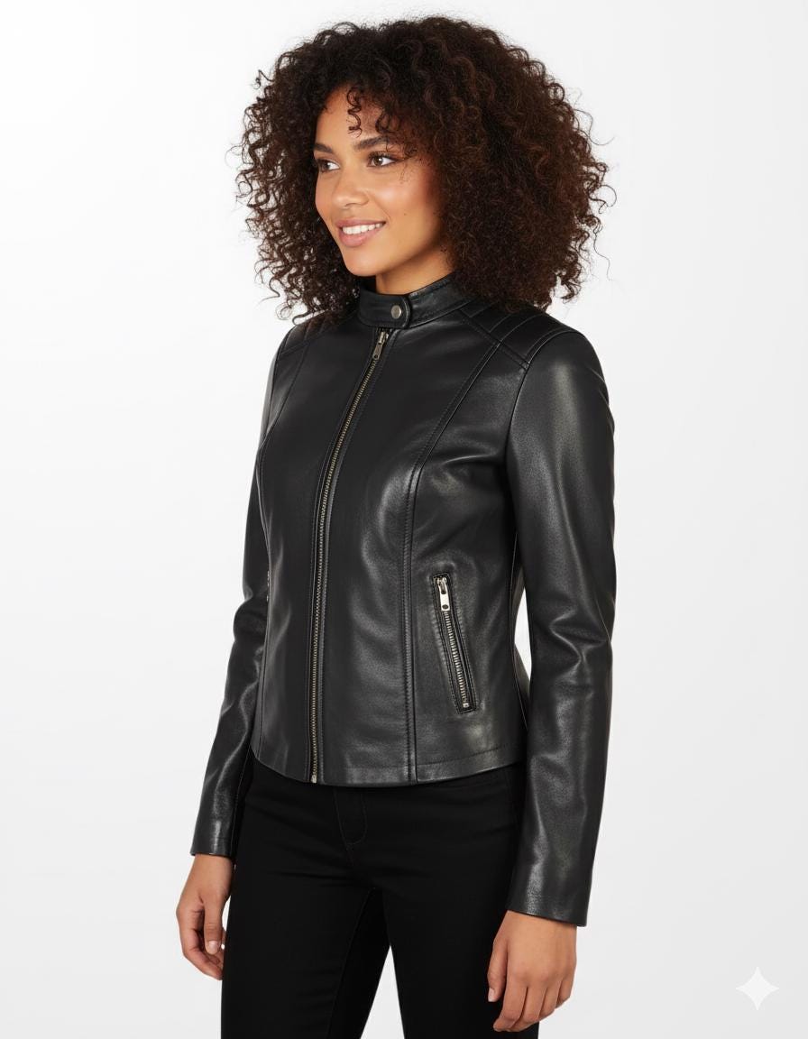 Women's Black Lambskin Leather Moto Jacket – Lightweight