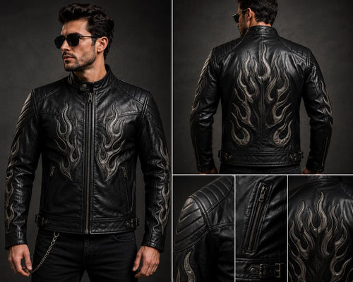 Black Flame Leather Jacket for Men & Women | Genuine Leather Biker Jacket | Handmade Gothic Motorcycle Jacket | Unisex Cafe Racer Coat | Hal