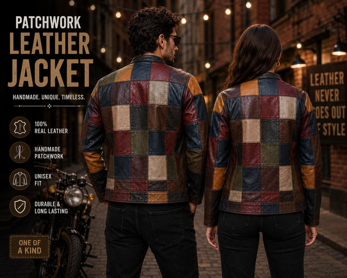 Patchwork Leather Jacket | Handmade Genuine Leather Color Block Jacket | Unisex Vintage Biker Coat | Custom Made Gift for Men & Women