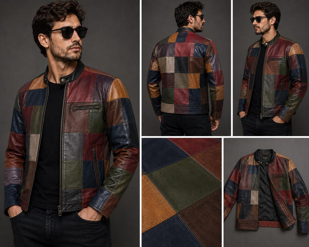Patchwork Leather Jacket | Handmade Genuine Leather Color Block Jacket | Unisex Vintage Biker Coat | Custom Made Gift for Men & Women