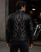 Black Flame Leather Jacket for Men & Women | Genuine Leather Biker Jacket | Handmade Gothic Motorcycle Jacket | Unisex Cafe Racer Coat | Hal