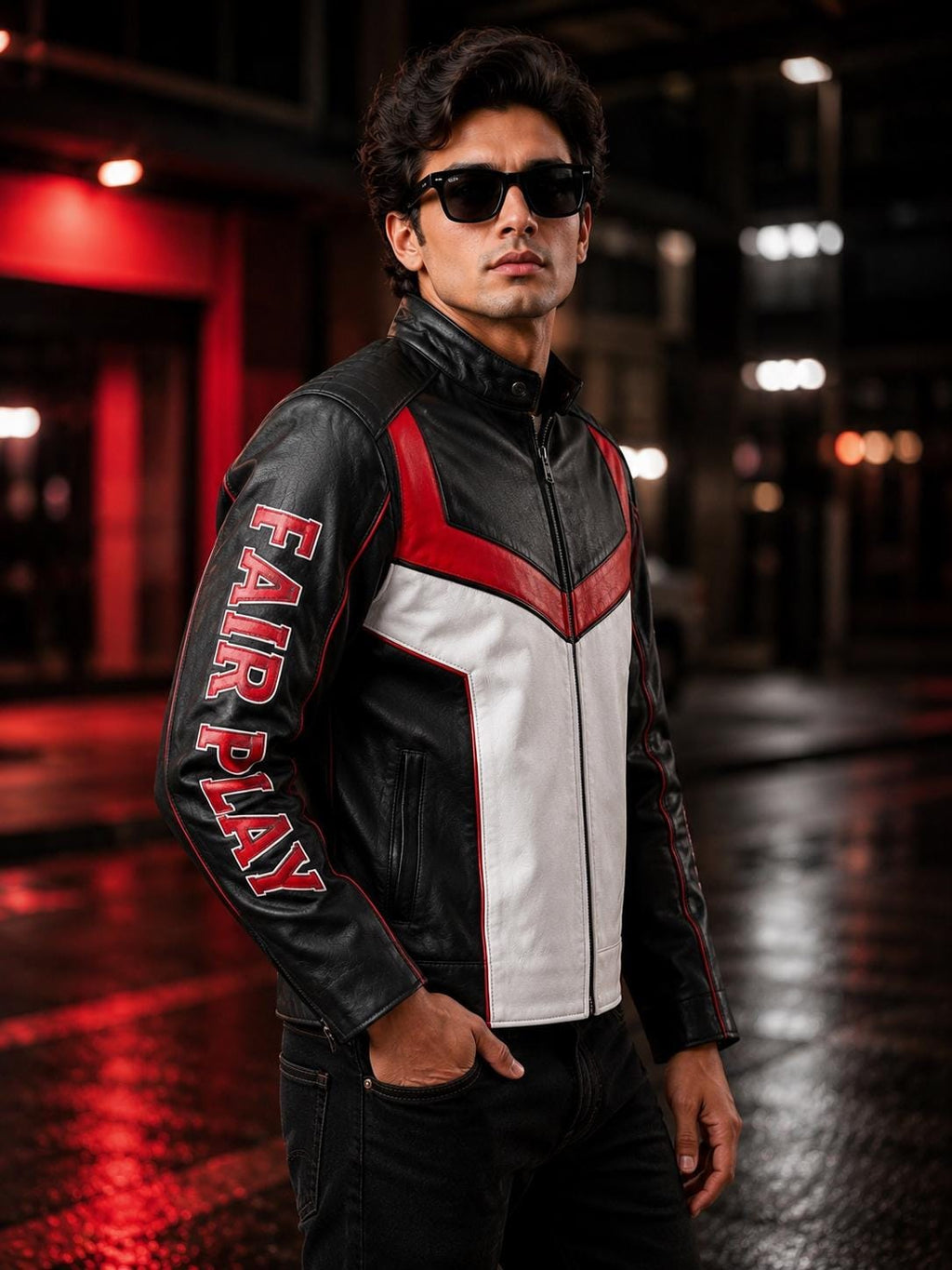 Fair Play Leather Jacket | Red Black White Racing Biker Jacket | Genuine Leather Moto Jacket | Unisex Motorcycle Jacket Gift