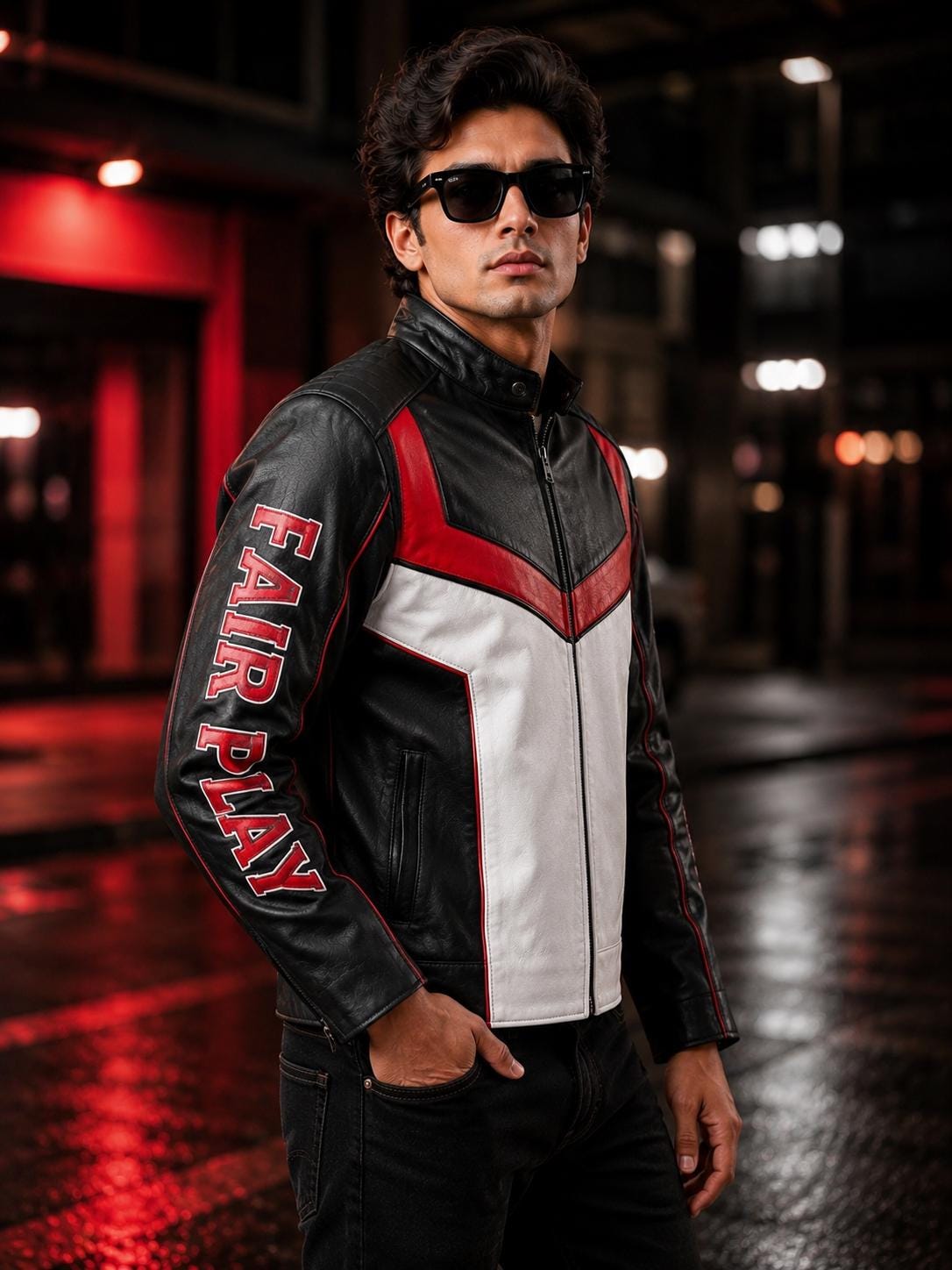 Fair Play Leather Jacket | Red Black White Racing Biker Jacket | Genuine Leather Moto Jacket | Unisex Motorcycle Jacket Gift