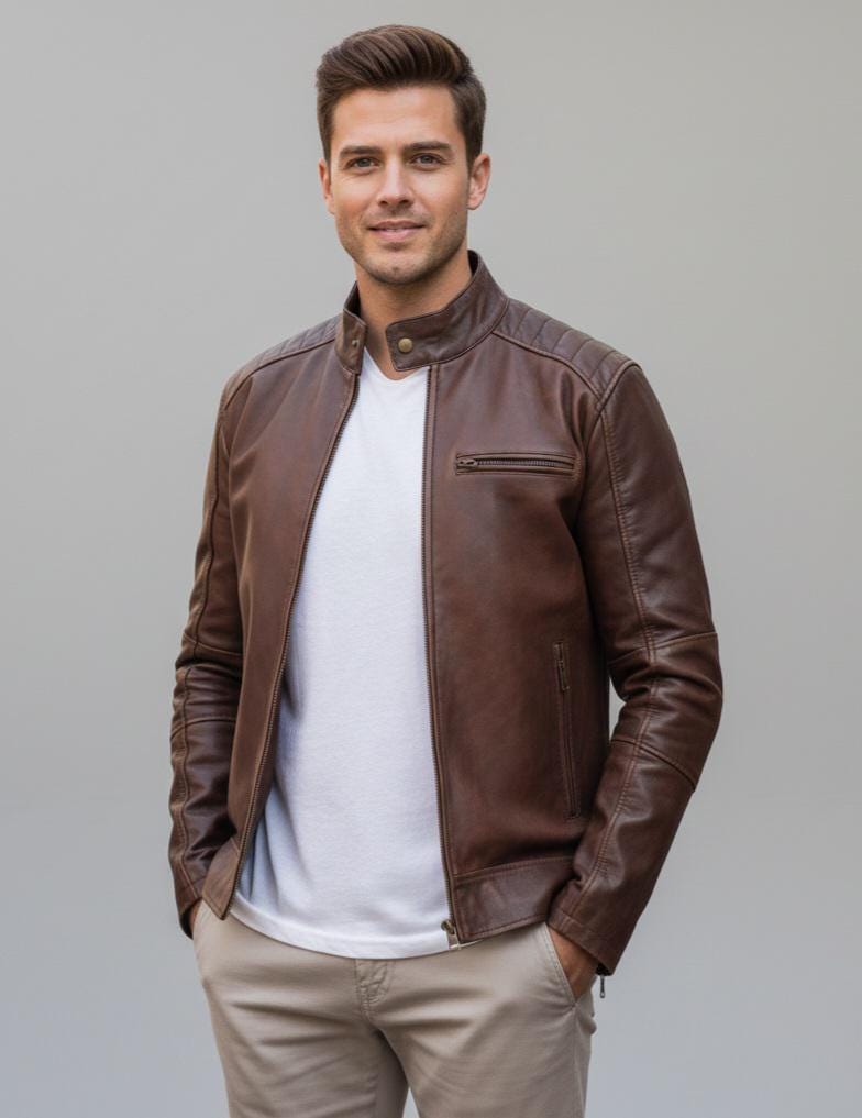 Men's Distressed Brown Lambskin Leather Cafe Racer Jacket