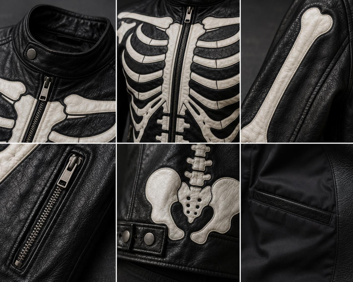 Skeleton Leather Jacket for Men | Black Genuine Leather Biker Jacket | Gothic Halloween Motorcycle Jacket | Handmade Bone Design | Punk Stre