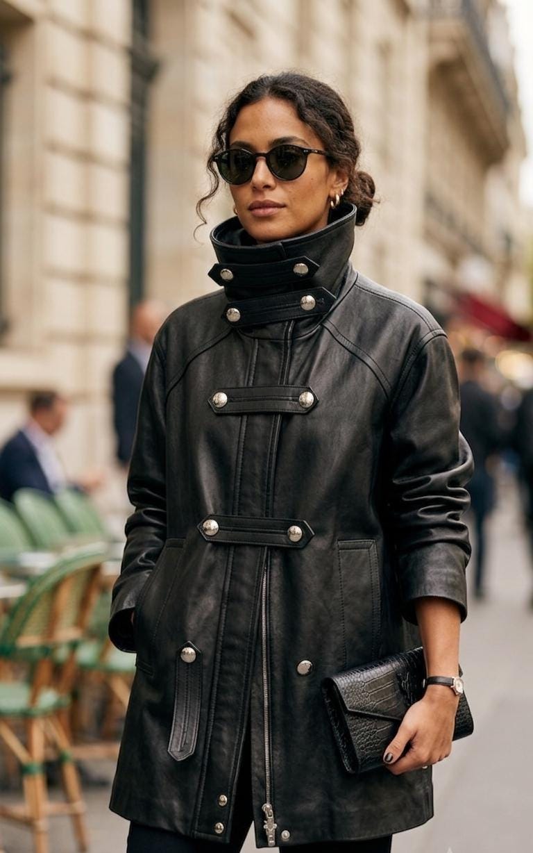 Women High Neck Leather Jacket, Oversized Funnel Collar Leather Coat, Vintage Black Lambskin Trench Jacket, London Fashion Week Style Coat